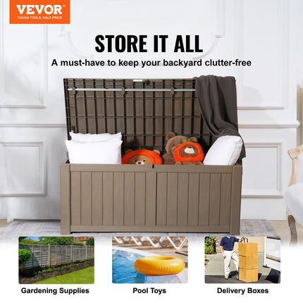 AL1- Deck Box, 120 Gallon, 56.3" x 26.6" x 23.8" Outdoor Storage Box, Waterproof PP Deckbox with Aluminum Alloy Padlock, for Patio Furniture, Garden Tools, Pool Toys, Outdoor Cushions, Gray - Likeshoppe 