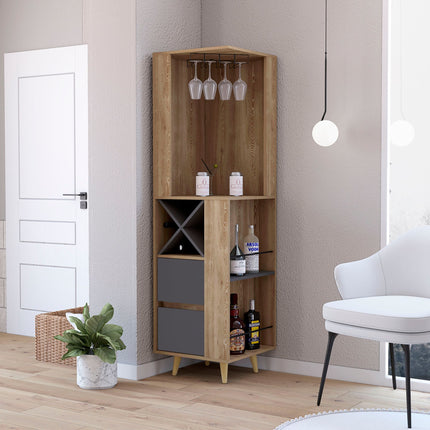 PB5- Ziton Corner Bar Cabinet; Two External Shelves; Two Drawers; Four Wine Compartments - Likeshoppe 