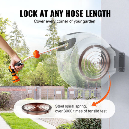 AH1-  Retractable Hose Reel Water Hose Reel 100'x1/2" 180° Swivel Wall-Mounted,Garden Water Hose Reel with 9-Pattern Nozzle,Automatic Rewind, Lock at Any Length, with Slow Return System - Likeshoppe 